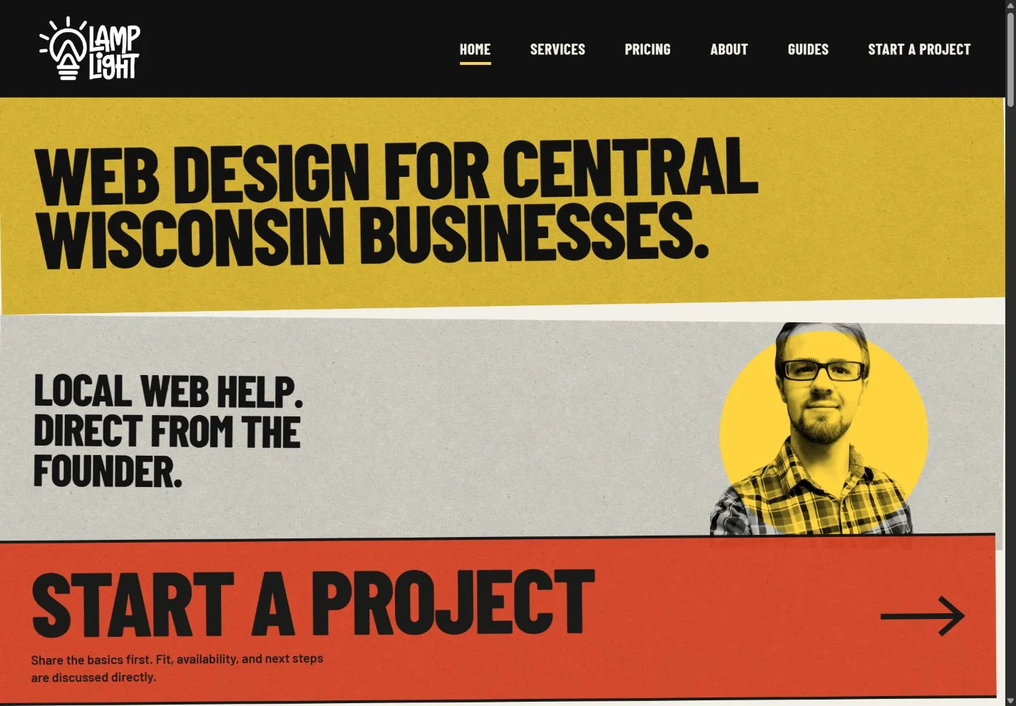 Lamplight homepage with its yellow poster headline, founder portrait, and project inquiry call to action