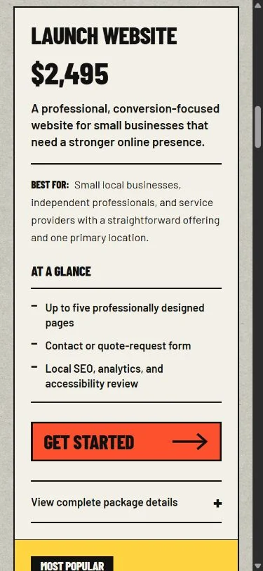 Mobile Lamplight pricing page showing clear package summaries and responsive typography